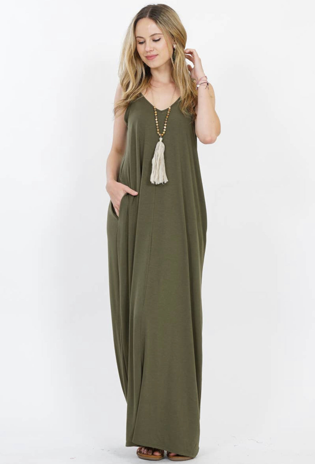 Olive Maxi dress with pockets and adjustable straps