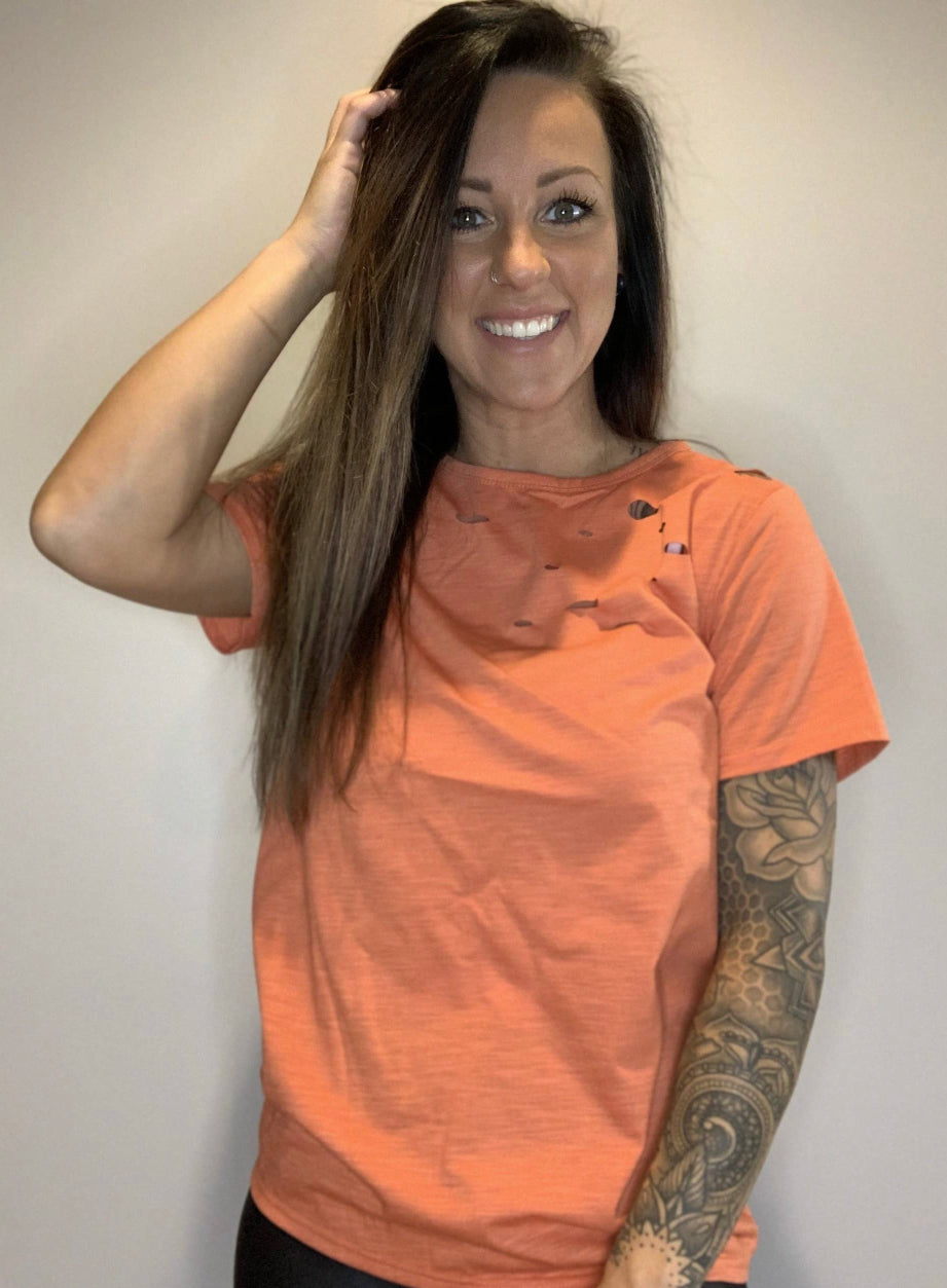 Orange Distressed short sleeve tee